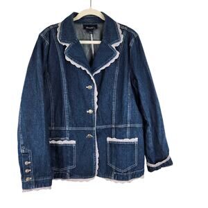 Denim & Co. Denim Jacket Pink Lace Trim Women's Size Large 100% Cotton Western